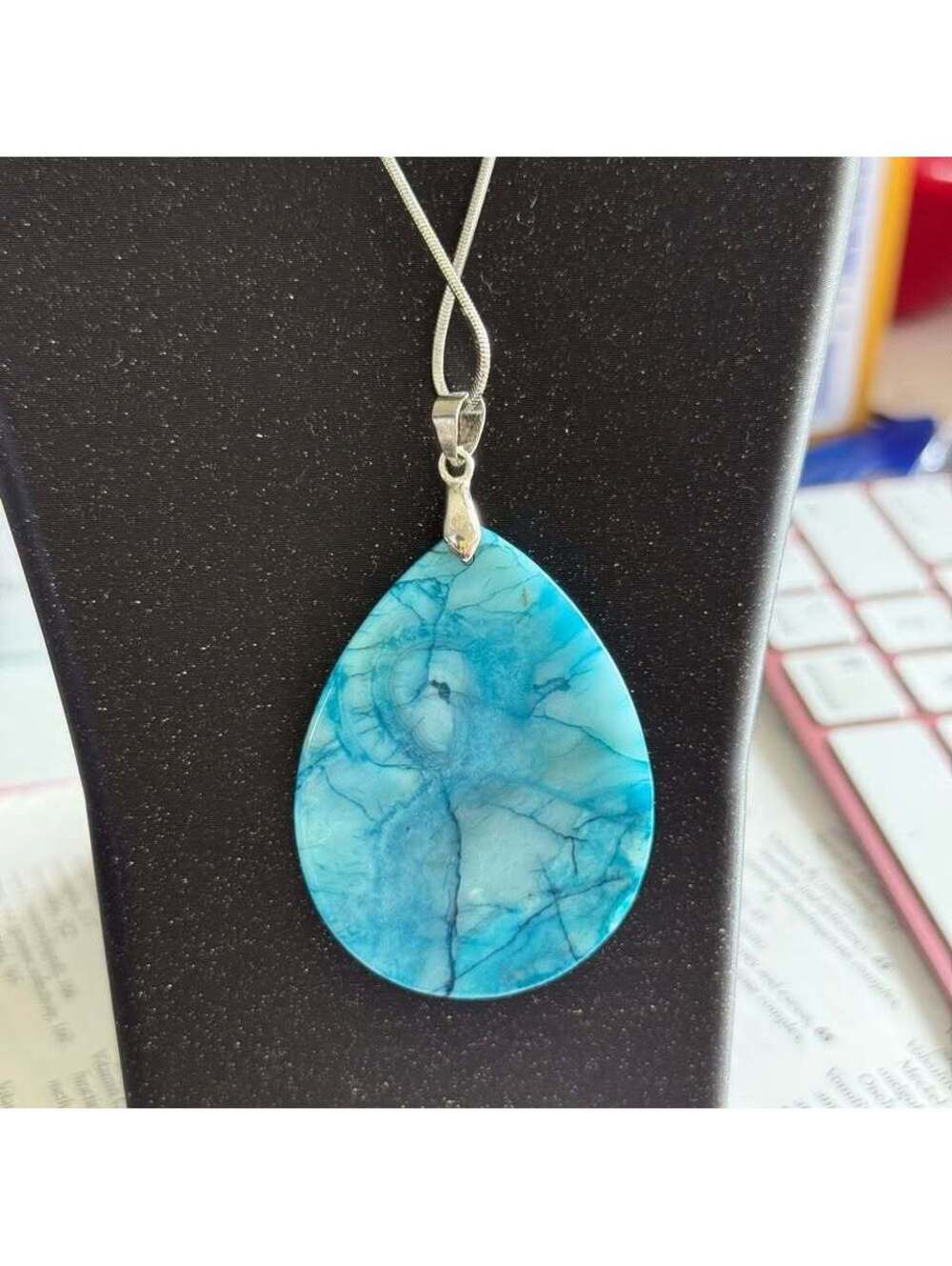 Sterling Silver Chain Necklace with Blue Teardrop Stone Pendant - Picture 2 of 6